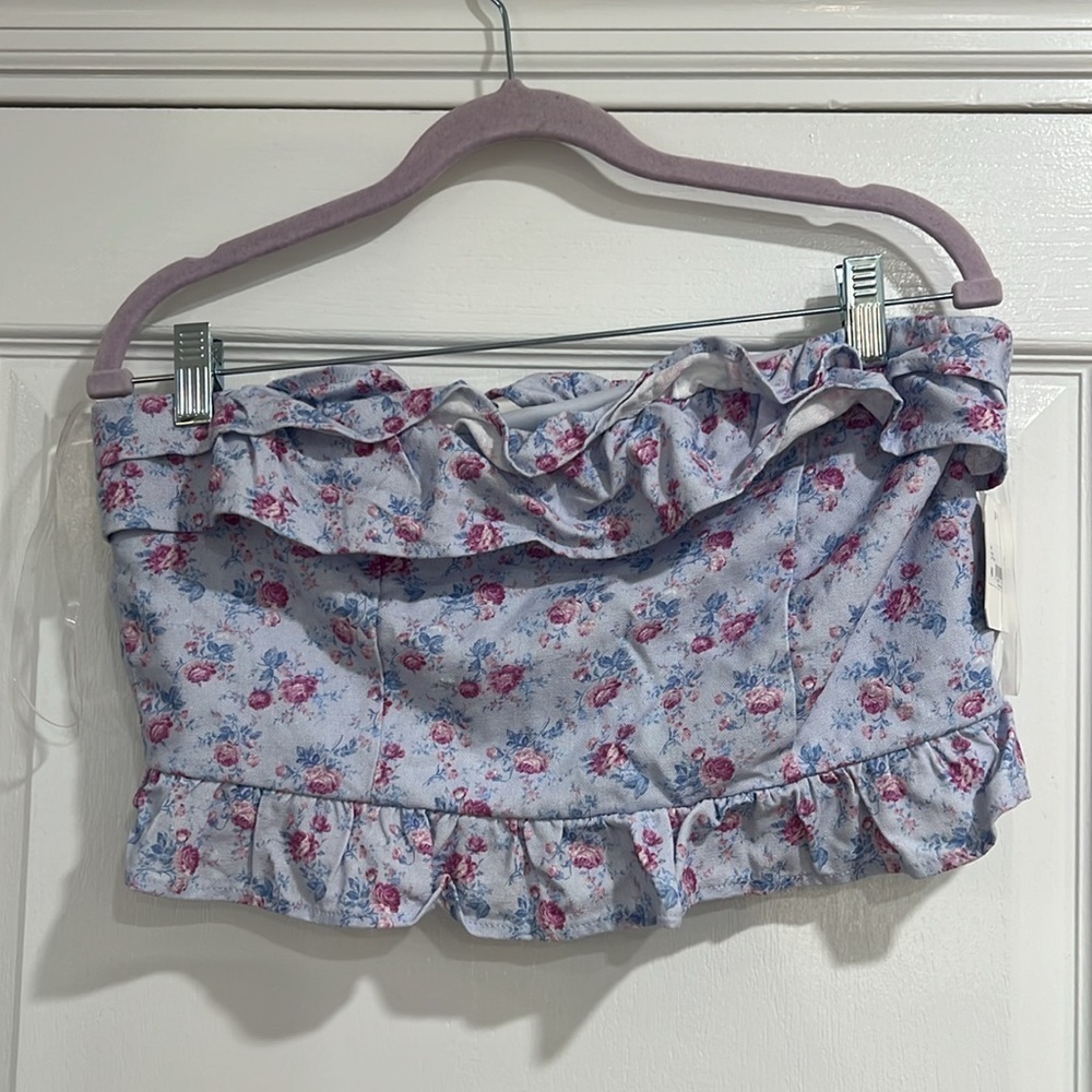 Altar'd State Light Blue Floral Ruffle Bandeau Crop Top